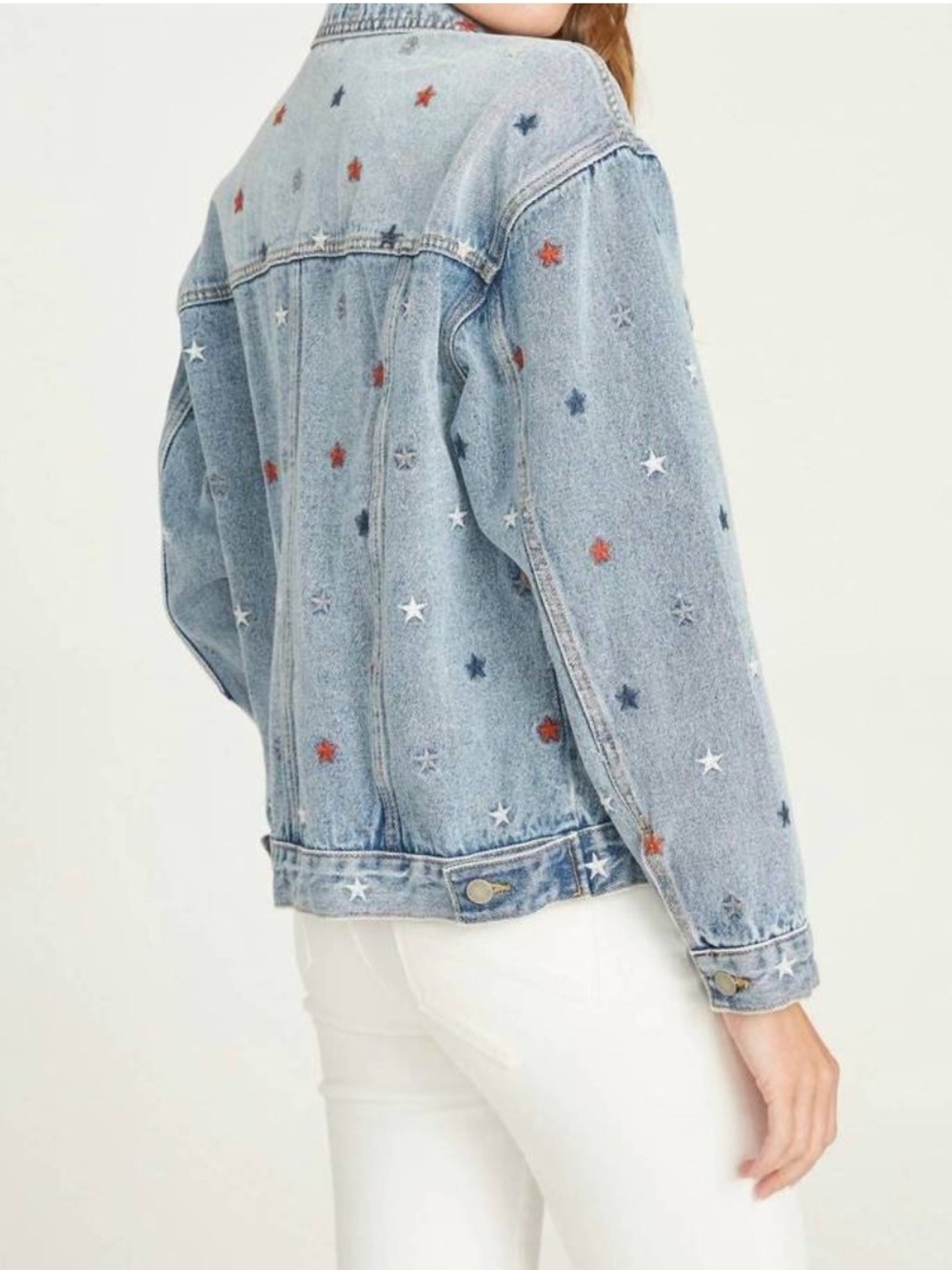 NEW DRIFTWOOD Starry Eyed Denim Blue Jean Jacket Embroidered Stars XL Cotton - Picture 8 of 16